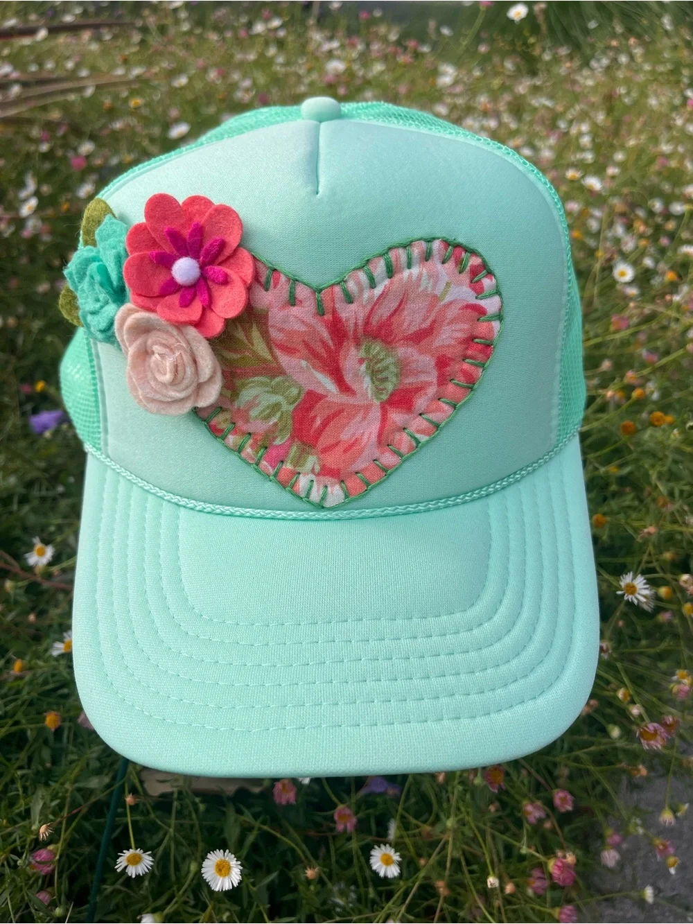 Mint Green Trucker with floral embellishments & vintage fabric heart patch